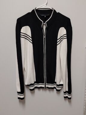 Ming Wang Black and White Trim Knit Cardigan, Size Large